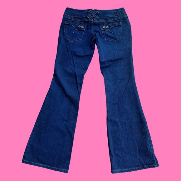 Y2K low Rise Bootcut Flare Jeans Dark Wash Flap Pockets US 11 Stretch Denim - Picture 3 of 9